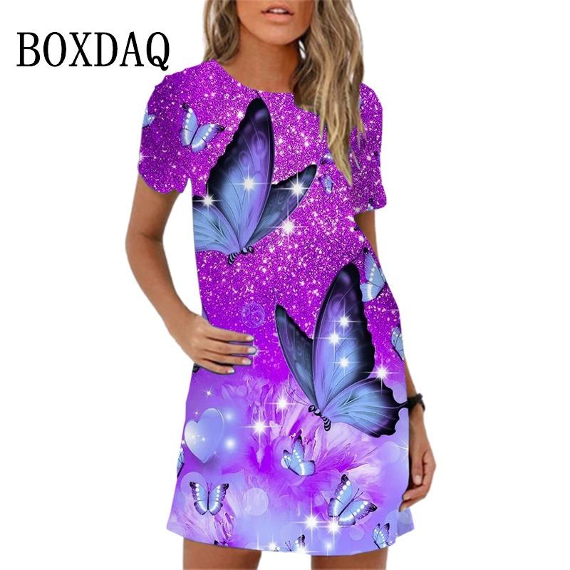 New Summer Sundress Sweet Elegant Purple Butterfly Print Mini Dress For Women Short Sleeve Loose Casual Mini Dress Oversize
