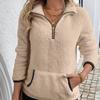 Women's Autumn Winter Half-High Neck Zip-Front Pocket Long-Pile Sweatshirt
