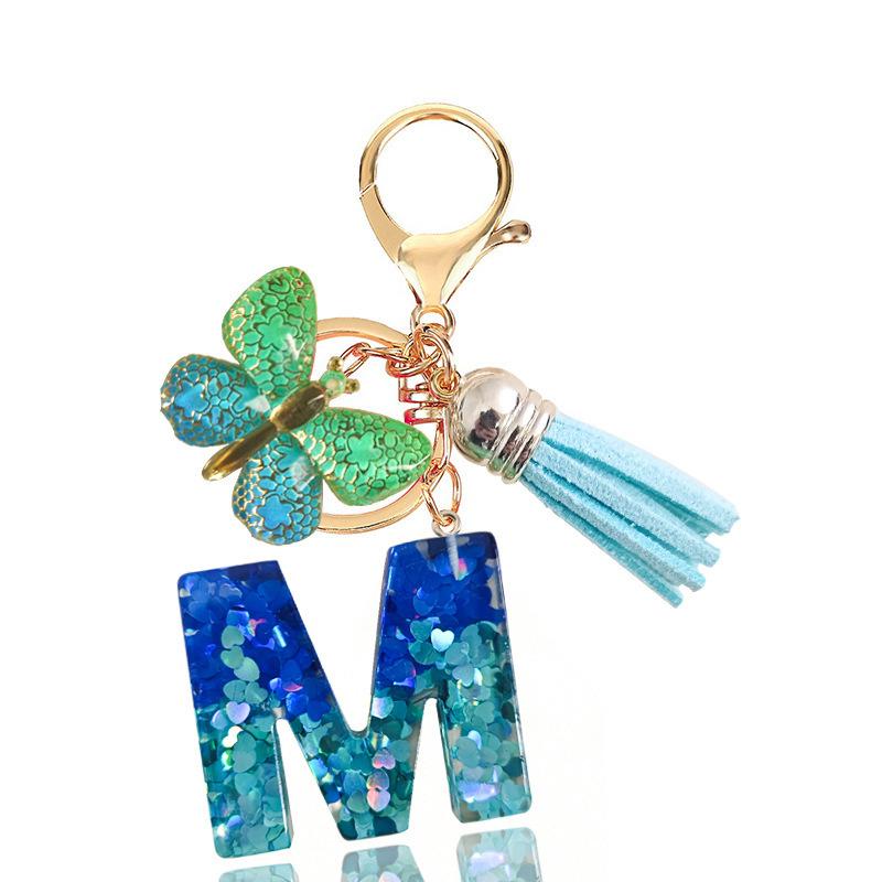 Fashion Blue Glazed Stone A To Z Letter Keychain 26 Initials Alphabet Butterfly Tassel Pendant Car Key Chain Women Jewelry GIfts