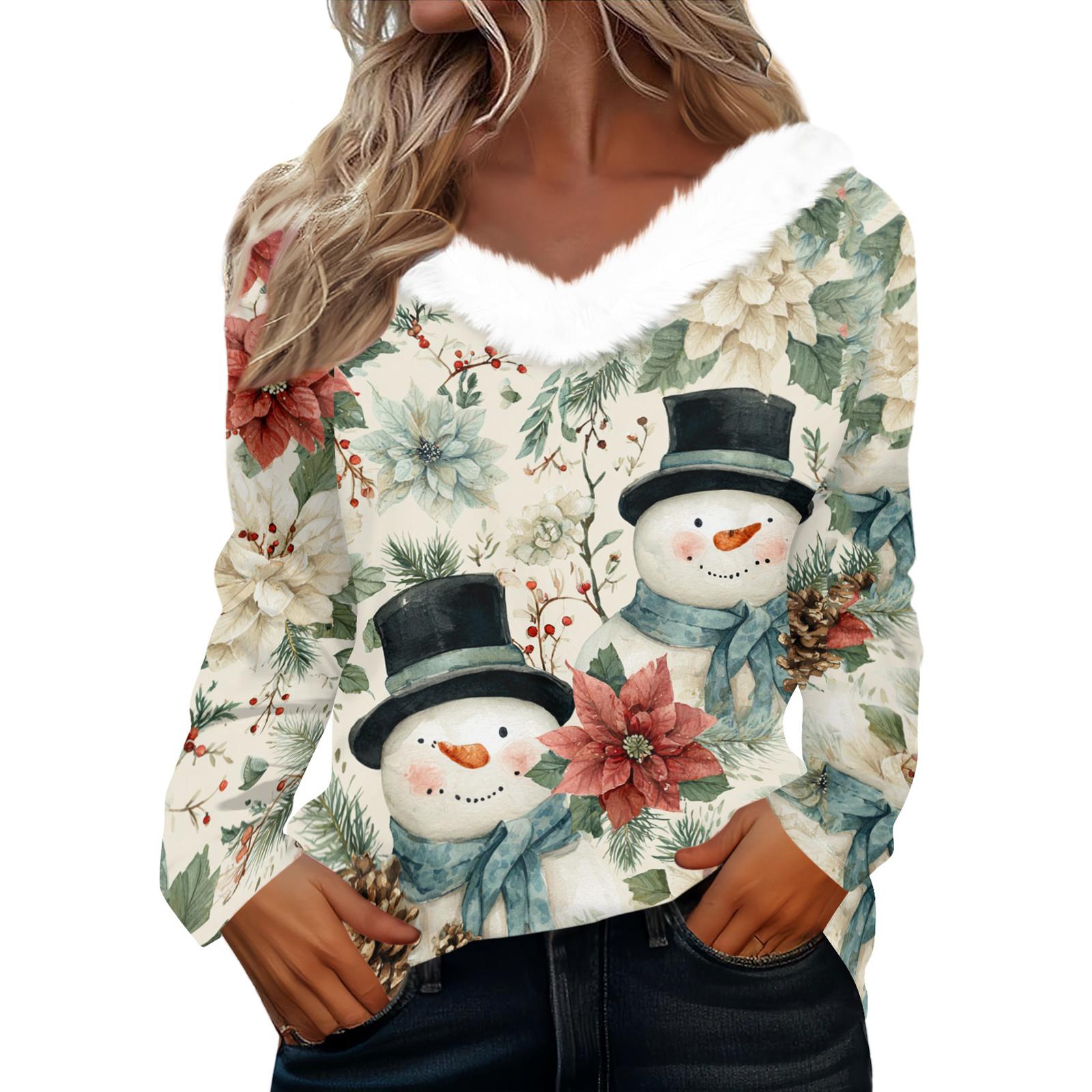 

Рубашки с длинным рукавом для женщин Милые топы Рождественские принты Футболки Блузки Повседневные топы больших размеров Базовые топы Пуловеры L бежевый