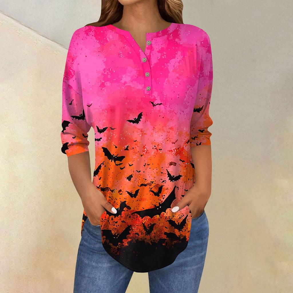 Women's Fashion Loose Button Collar Halloween Print Long Sleeve T-Shirt Top Pullover