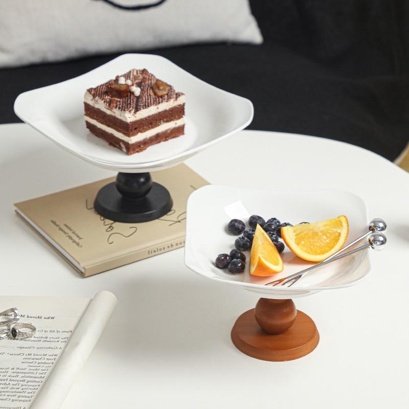 Wooden High-legged Ceramic Plate Cake Tray Afternoon Tea Fruit Plate for The Living Room Storage Container Kitchen Organizer