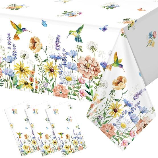 3 Pack Spring Summer Floral Tablecloth Decorations, Wildflower Plastic Disposable Table Cloth, Wild Flower Rectangle Table Cover for Garden Picnic