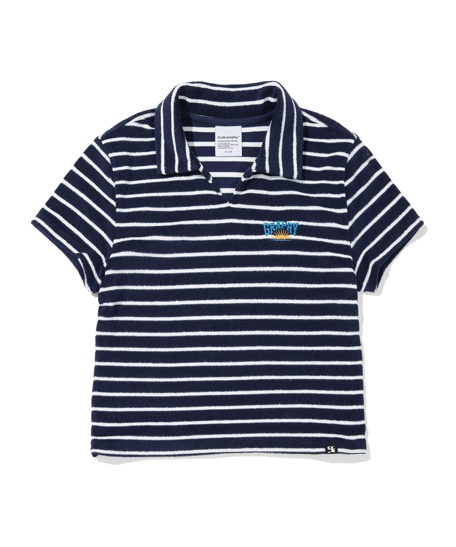 (Women S) Striped Terry Collar Short Sleeve T-Shirt_Dark Navy S/Free