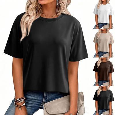 Women's Casual Neck Short Sleeve T Shirt, Loose Fit Color Basic Tee, Summer Oversized Tunic Top