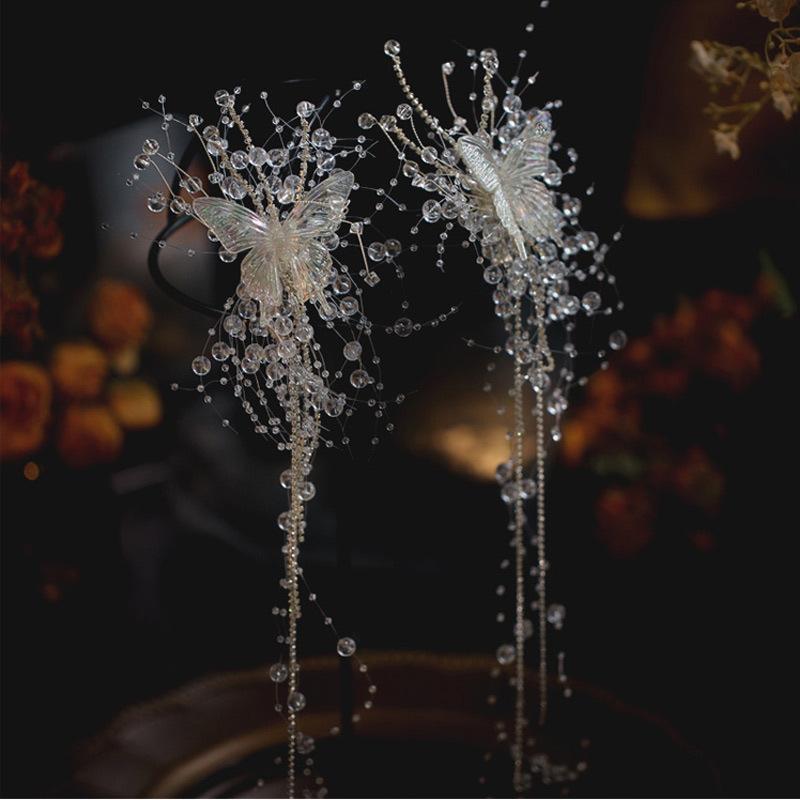 New Butterfly Tassel Pearl Hairpin Princess Bridal Wedding Headgear Semisen Crystal Hair Accessories