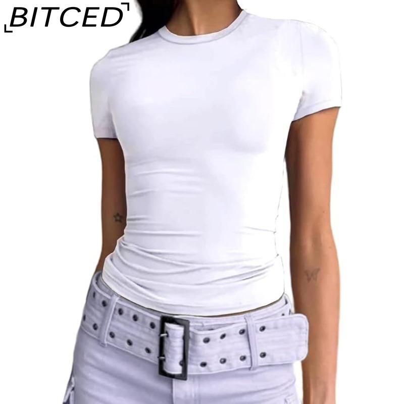 BITCED Damska koszulka z długim rękawem na lato: Stylowe topy z dekoltem O, dopasowane, do noszenia jako warstwa zewnętrzna