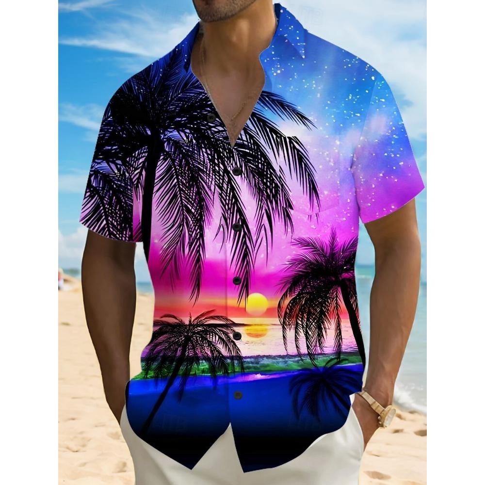 Fashion Men's Hawaiian Shirt 3D Printed Landscape Tropical Plants Shirt Short Sleeved Summer Casual Aloha Shirt for Mens