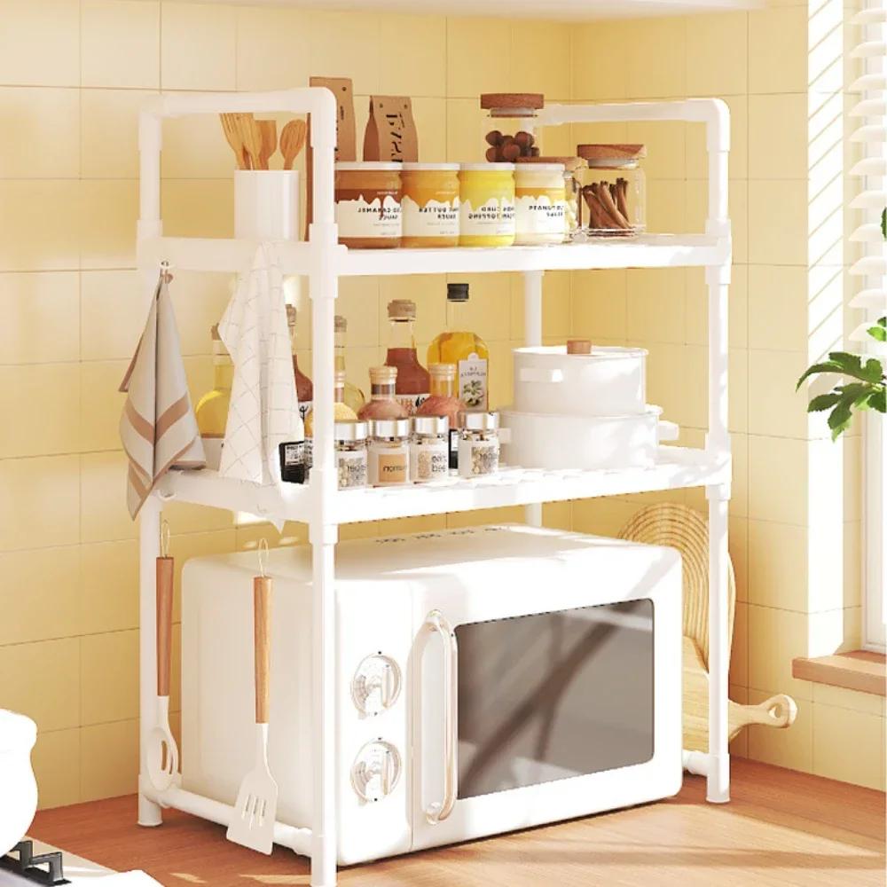 Microwave Oven Rack Kitchen Multi-storey with Hooks Seasoning Shelves Household Removable Open Ended Metal Kitchenware Storage