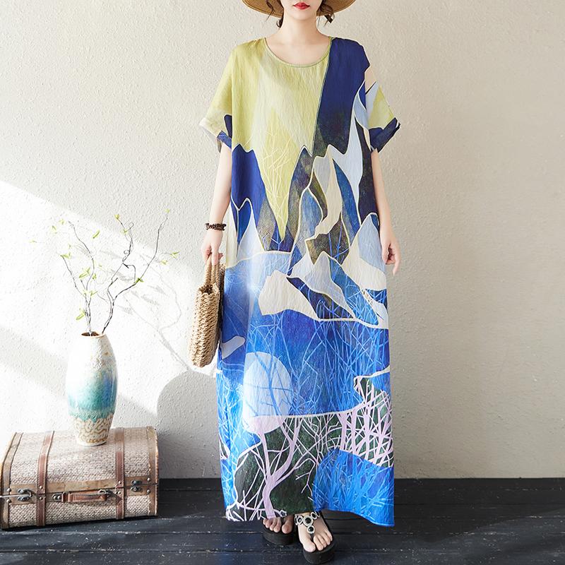 Dimanaf 2025 Summer Women Plus Size Dress Basic Casual Dress Loose Vintage Printing Long Beach Short Sleeve Dress