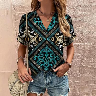 Sommer Damen T-Shirt mit 3D-Ethno-Print, kurzärmelig, modisch, V-Ausschnitt, lässig, Harajuku, Outdoor-T-Shirt für Damen, Streetwear