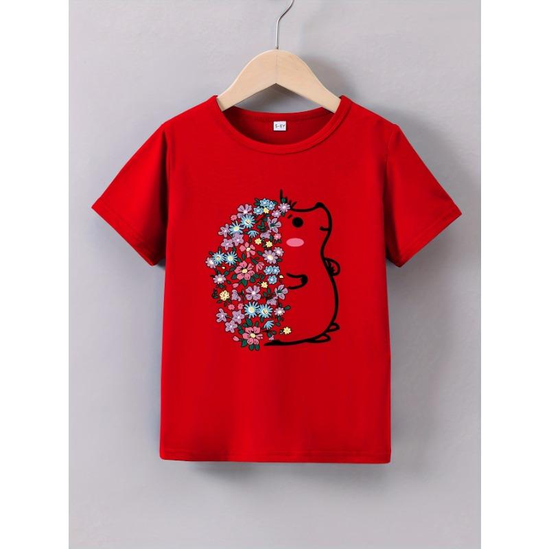 Letnie Różowe Ubranka dla Niemowląt Dziewczynek Dziecięce Codzienne T-shirty z Nadrukiem Kreskówkowym Kwiatem Jeża Dzieci Okrągły Dekolt Krótki Rękaw Top