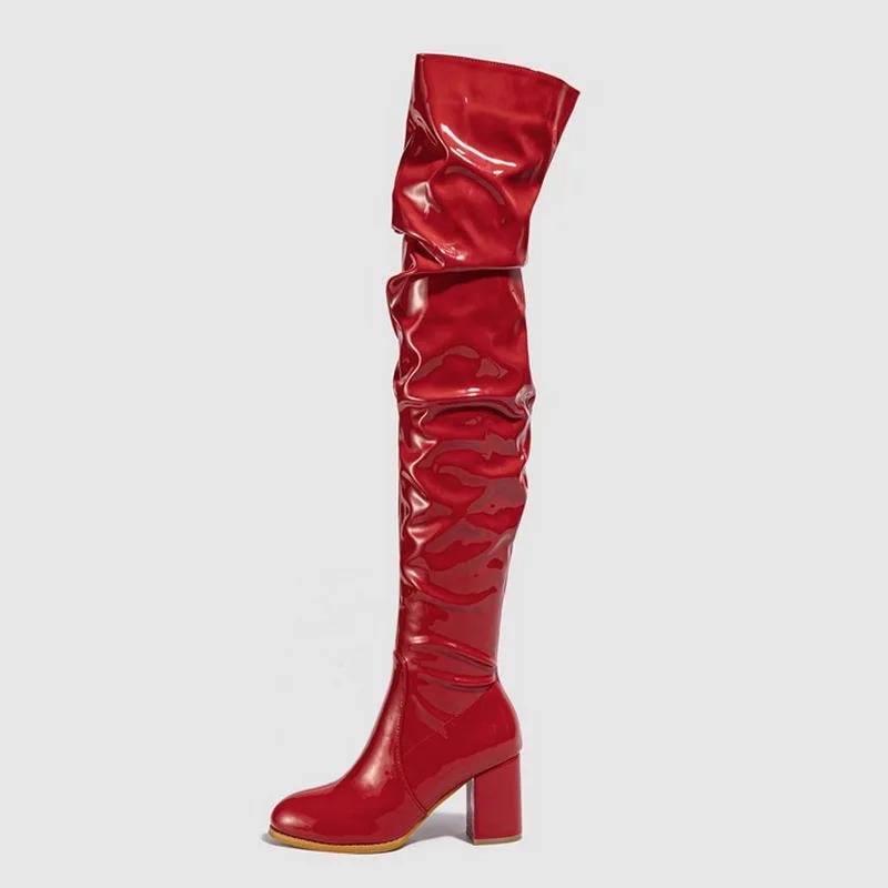 

Women Patent Leather Square Heel Long Boots Round Toe Side Zipper Over Knee High Boots OL Outdoor Office Nightclub Pub Party 35 красный