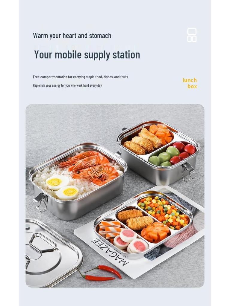 304 Stainless Steel Bento Lunch Box with Lid & Handle - Portable, Sealed Meal Container for Students & Office Workers