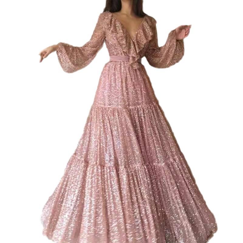 Rochie de seară pentru femei europene și americane, primăvară/vară 2025, sexy, cu decolteu în V, cu accente aurii, cu mânecă lungă