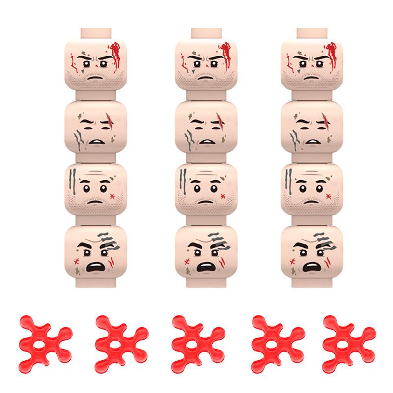 MOC Militär Zombie Verletztes Gesicht Zubehör Bausteine Armee Soldaten Figuren Kopf Emotionale Waffe Teile Mini Steine Spielzeug