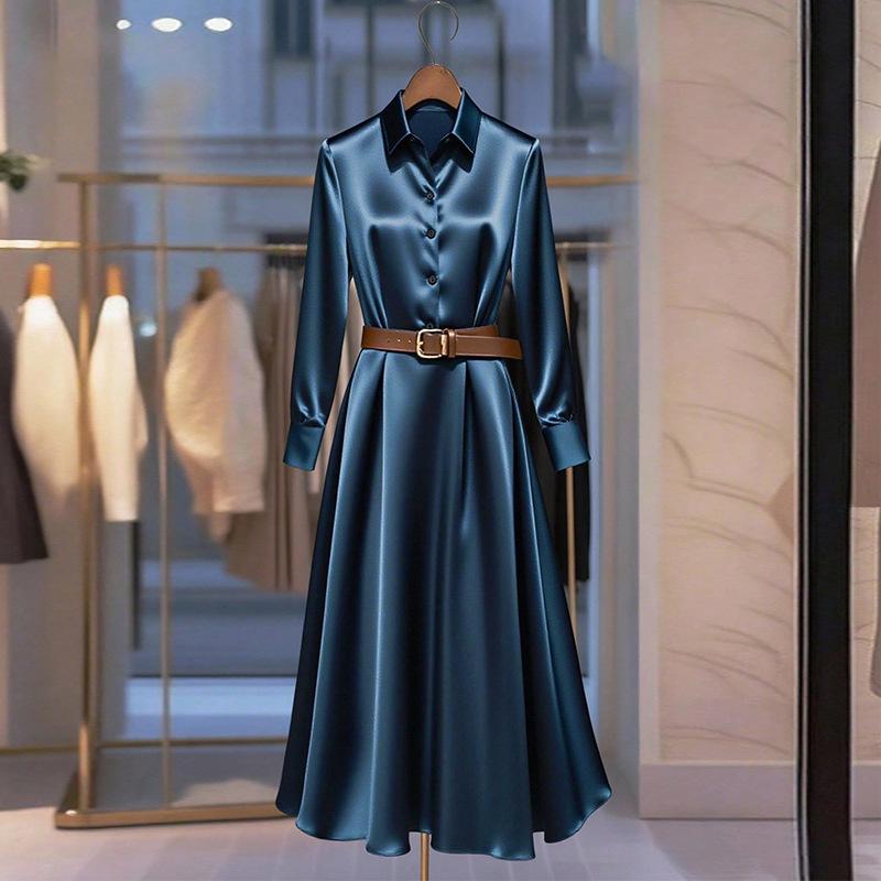 

European & American Style Solid Color A-line Long Sleeve Autumn Dress S синий