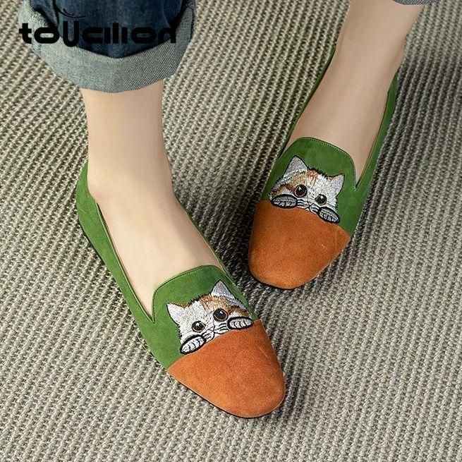 Feerldi Emboridery Cat Flock Shoes Woman Designer Two-tones Loafers New Arrival 2025 Low Heels Ladies Square Toe Moccasin Shoes