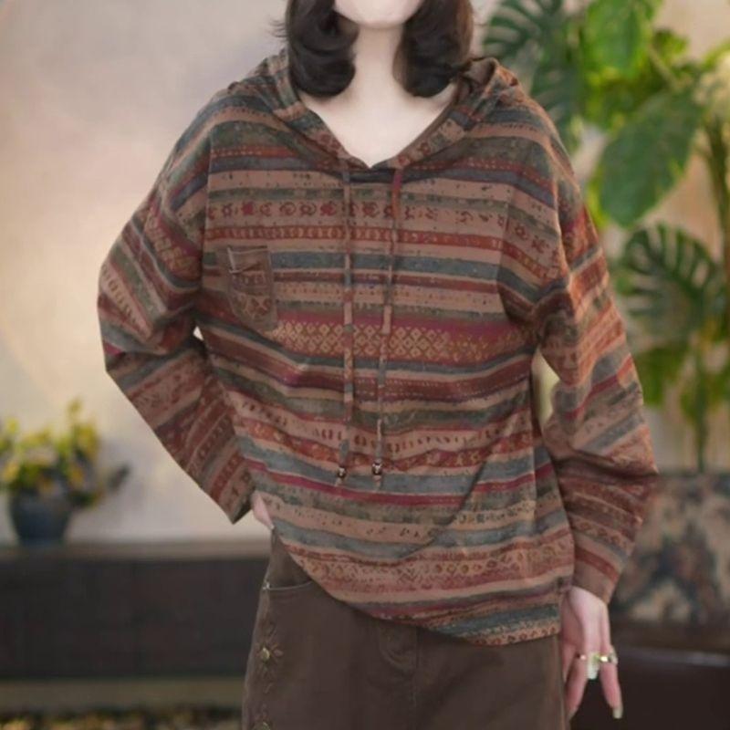 Moda Otoño e Invierno Retro Suelto Casual Versátil Sudadera con Capucha Estampada de Manga Larga Tops de Mujer