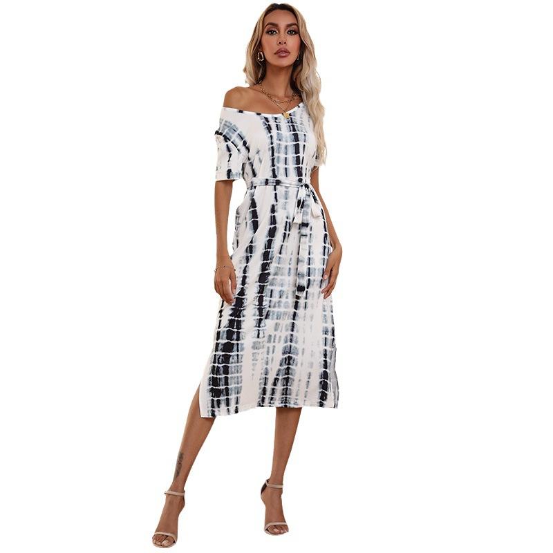 Summer new split short-sleeved tie-dye printed slim-fit women's dress