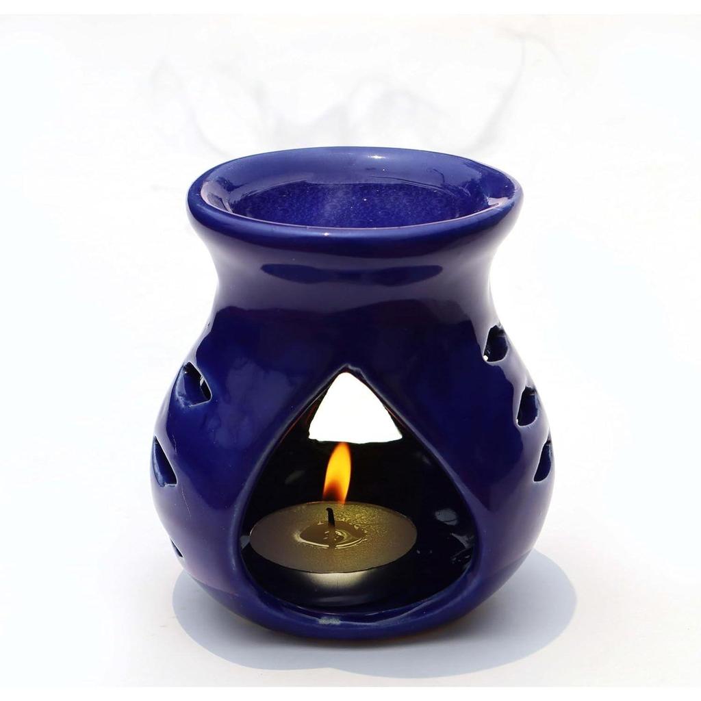 Ceramic Clay Candle Operated Aroma Burner|Oil Diffuser Coming with 1 Tea Candle (Blue ; 9 Cm)