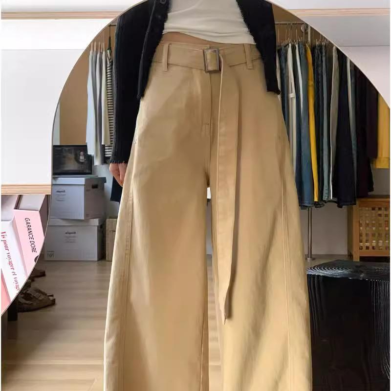 

Женские джинсы большого размера цвета хаки с широкими штанинами и высокой талией - Коллекция Осень 2025, Повседневный свободный универсальный стиль в пол Small хаки