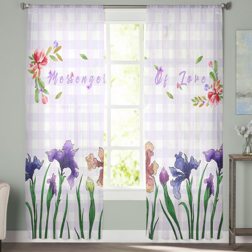 Flower Plaid Window Curtains Sheer Chiffon Tulle Curtain Home Living Room Backdrop Decoration