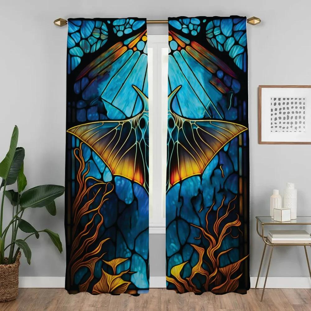 Modern Living Room Curtains for Camera Stained Glass Sealife Blackout Curtain Tulle for Bedroom Halloween Decoration Shades Home