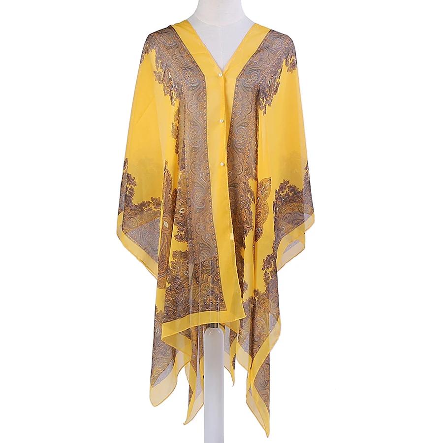 Sun Protection Shawl for Women, Cashew Flower Chiffon Silk Scarf, Versatile Slit Beach Towel, Pearl Scarf