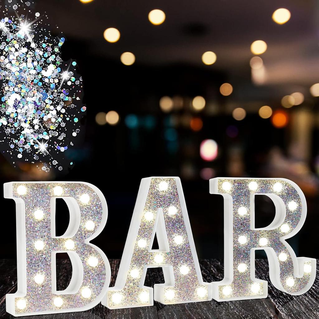 Light Up Bar Sign, Glitter Marquee Bar Letter Signs for Home Decor, Illuminated Bar Letter Lights Battery Powered for Bar Accessories Bistro Party