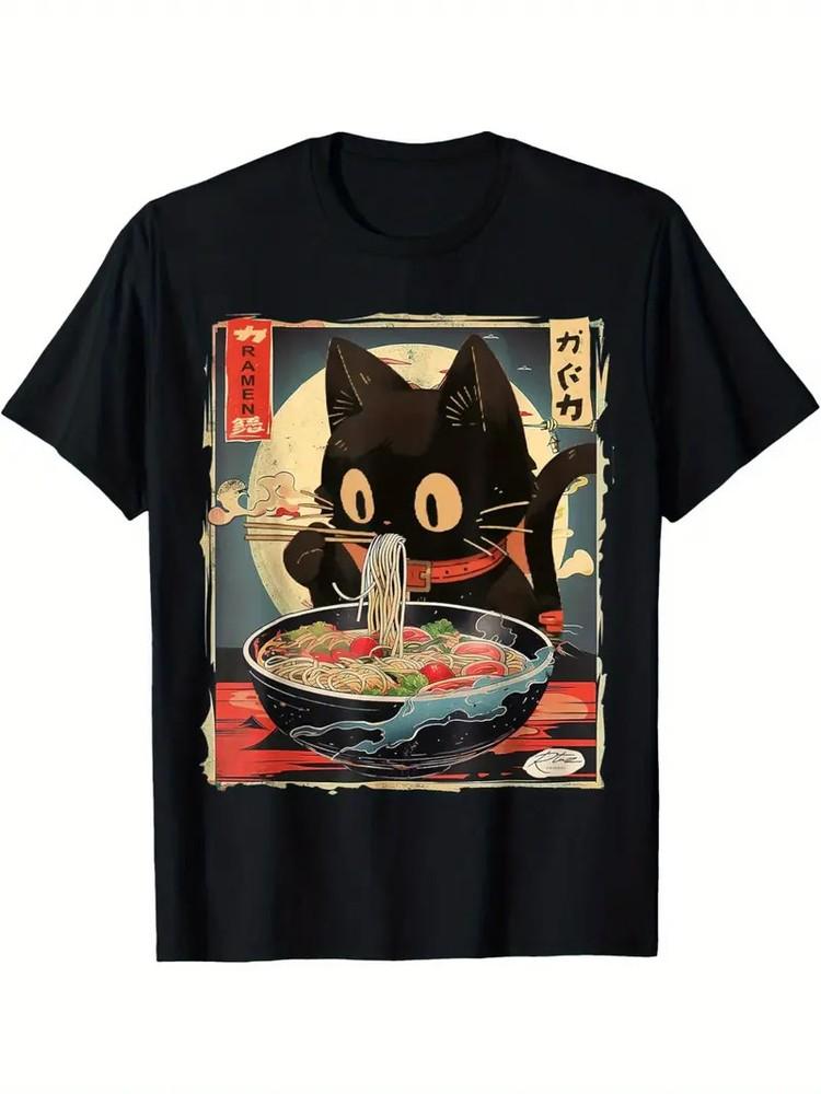 

Kawaii Cat Eating Ramen Noodles Anime Gift Girls WomenT-Shirt, Soft, Perfect for XL