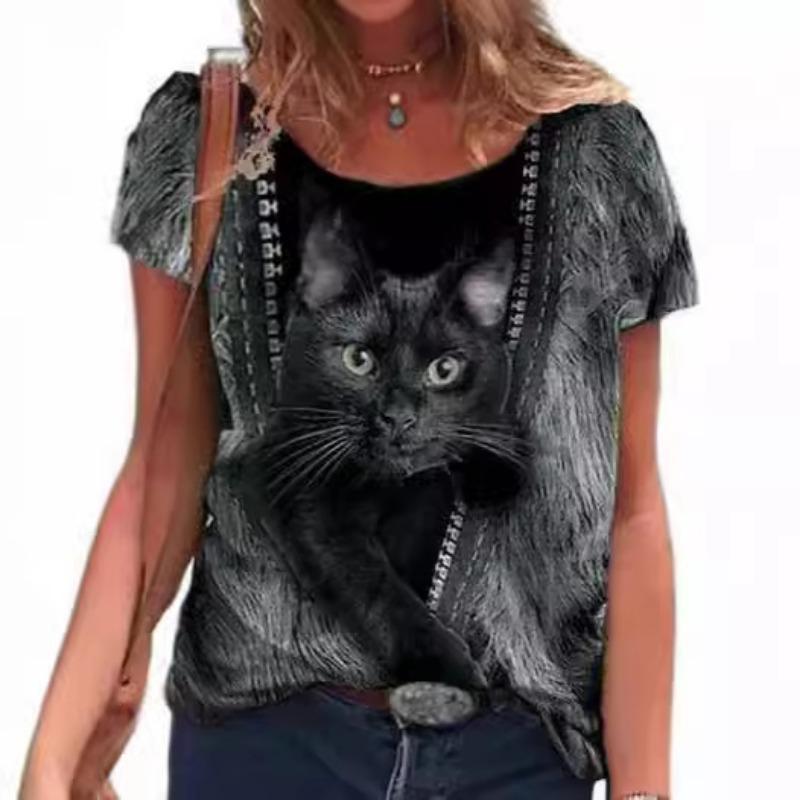 Zomer Dames T-shirt met Korte Mouwen Schattige Kat 3D Geprint Losse Casual Ronde Hals Dameskleding T-shirts Dames