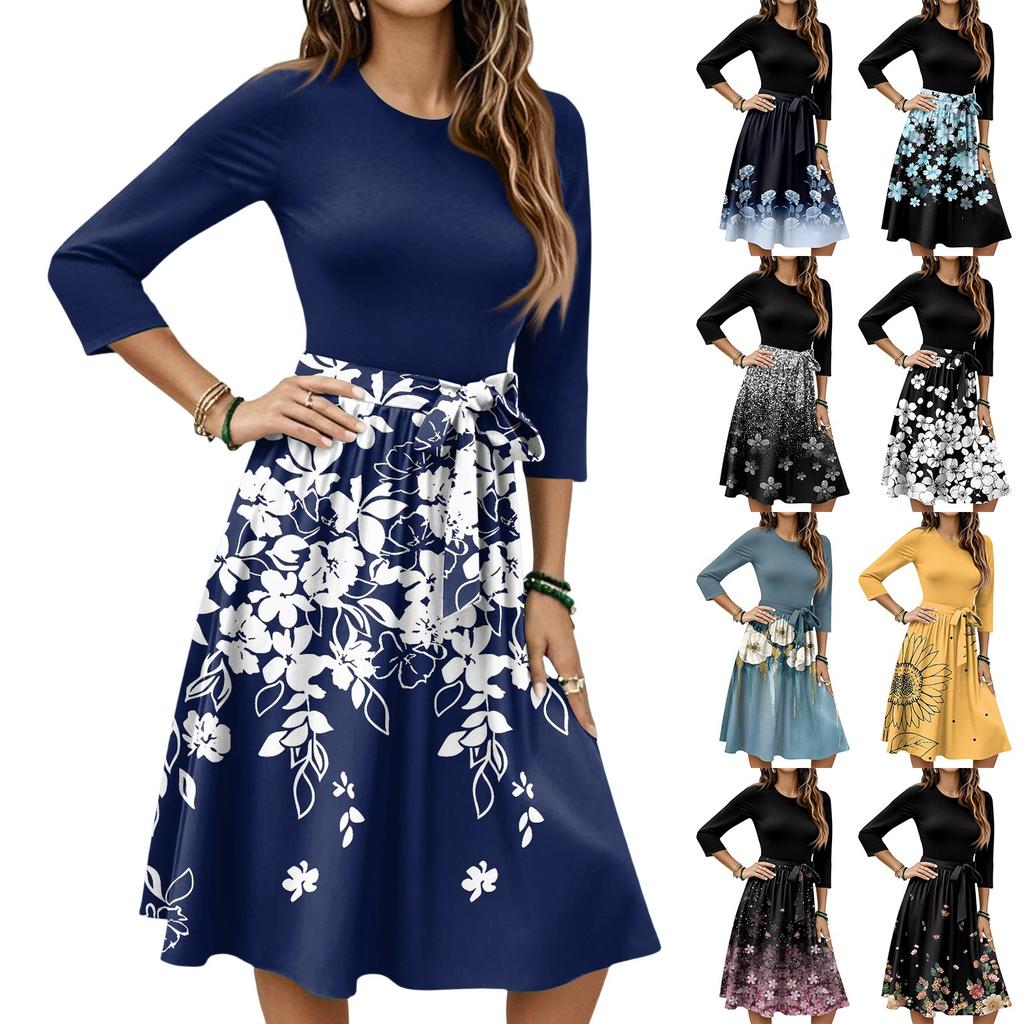 Women's Fashion Casual Waistband Seven Sleeve Round Neck Floral Flowy Dresses