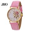 Women Arabic Number Rose Flower Round Dial Faux Leather Band Quartz Wrist Watch