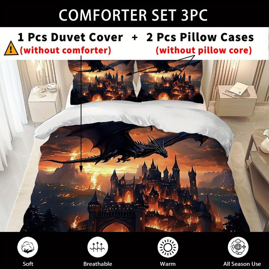 3pcs Spitfire Dragon Castle 3D Printed Bedding Set Comfortable Duvet Cover King Queen Twin Size Birthday Gift Bedroom Decoration