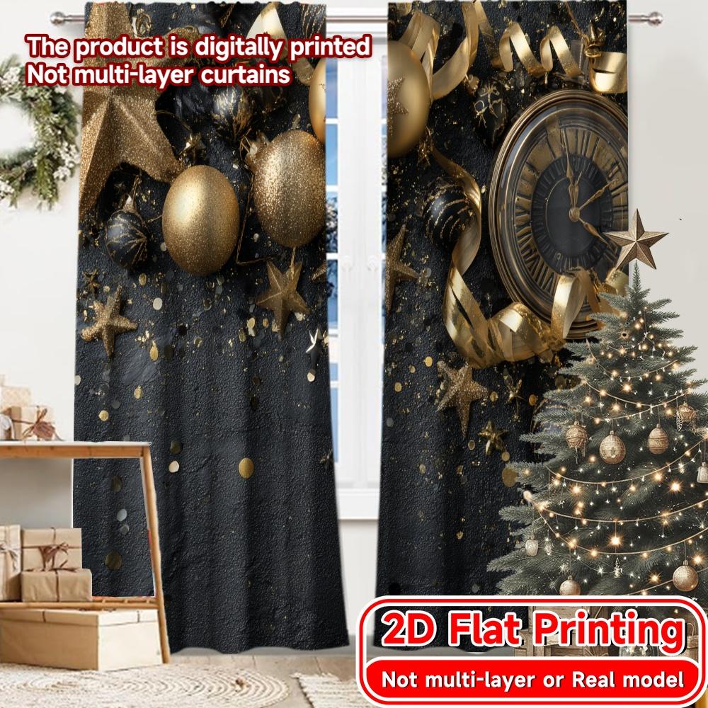 

Set Of 2 Flat Printing Golden Celebration Chic Curtain Cloth Yarn Curtains Holiday Use Bedroom Living Room Office Teens Polyester Perfect For Sitting W100*H70(CM)-Hooks&2PCS