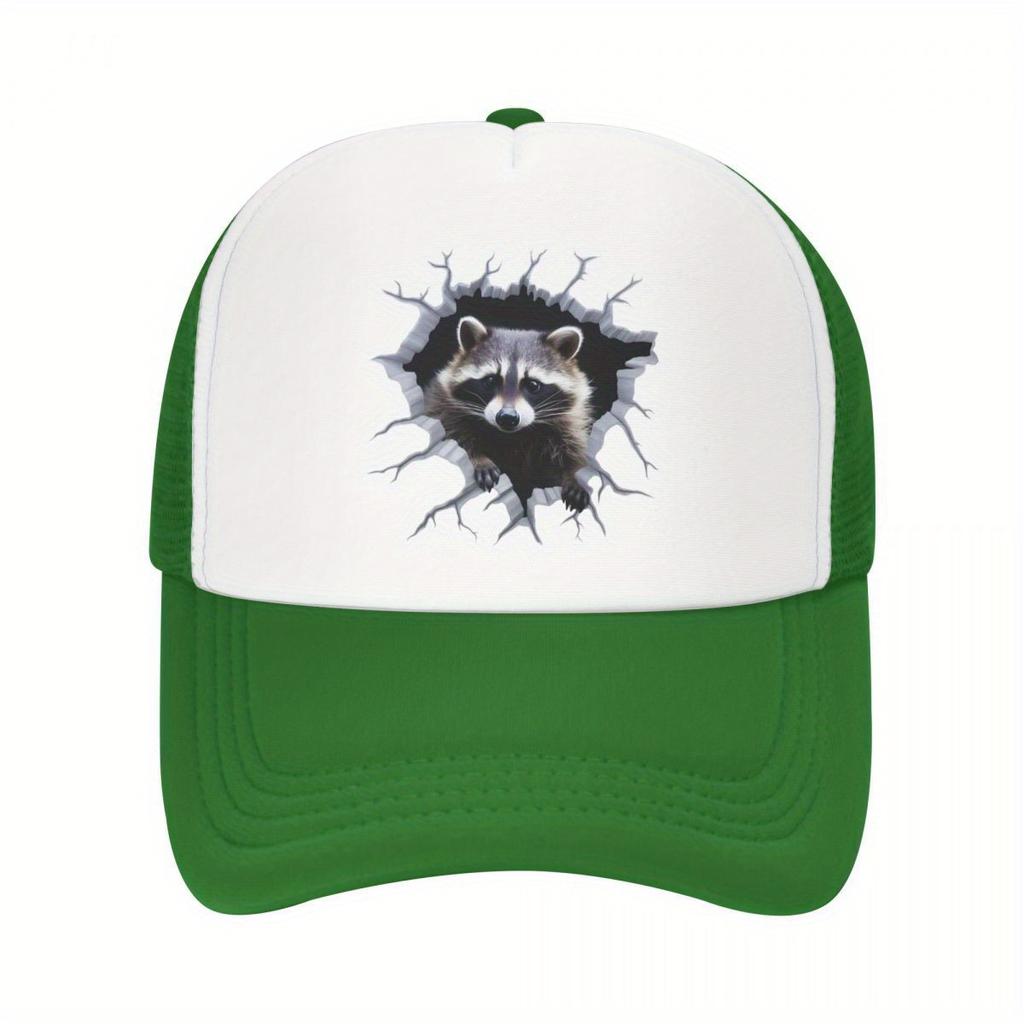Raccoon Breaking Through Hole Trucker Hat Polyester Casual Snapback Cap Adjustable Unisex Outdoor