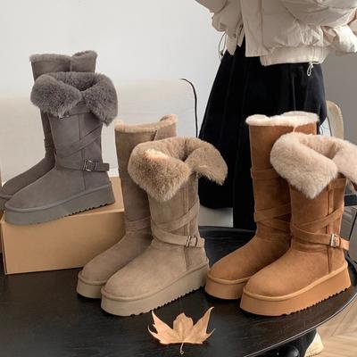 Thick-soled Gray Snow Boots Women's Winter Long Tube Piled Thickened Warm High Boots Northeast Large Cotton Shoes