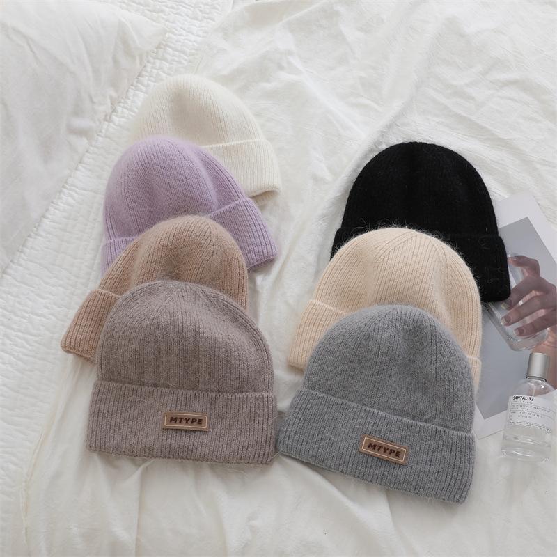 Korean Style Rabbit Fur Knitted Label Hat for Autumn and Winter Thickened To Show Face  Small Ear Protection Couple's All Match Pullover Hat