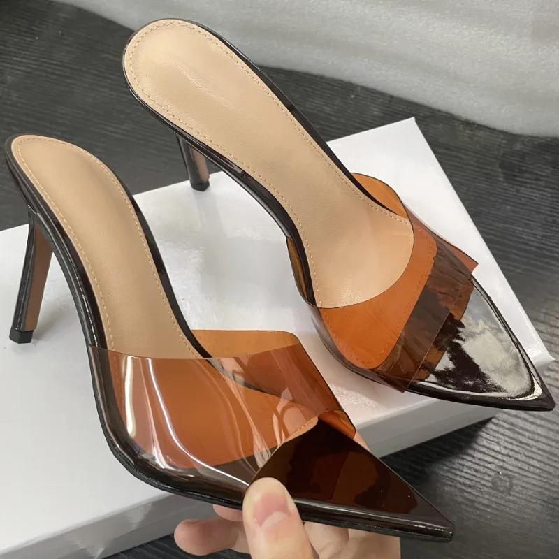 Summer New Women's High-heeled Sandals Transparent High-heeled Slippers Stiletto Pointed Toe Slip-on High-heeled Sandals