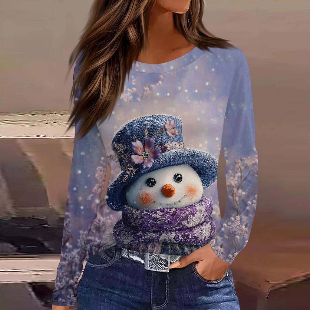 Women's Fashion Casual Slit Hem Round Neck Long Sleeve Loose Printed T-Shirt Ladies Top Christmas