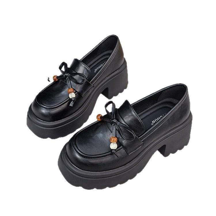 British Style Platform Small Leather Shoes Women's 2025 Early Autumn New Versatile Retro Round Head Beaded Lace-up Loafers