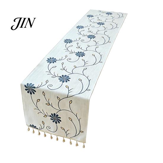 Floral Embroidery Table Runner Embroidered Runner, Elegant Dining Cover, White Rustic Durable for with Tassels Home Wedding Bridal Shower Decor