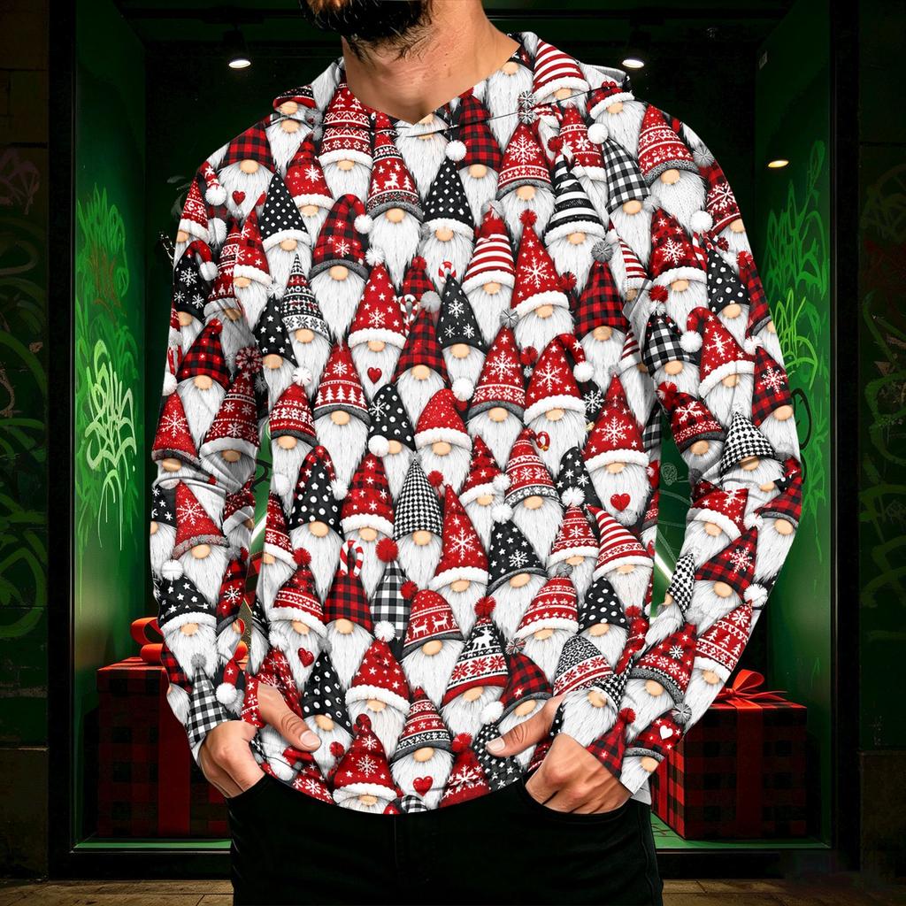 Men's Long Sleeve Hooded Sun Shirt Top with Christmas Print for Outdoor Wear