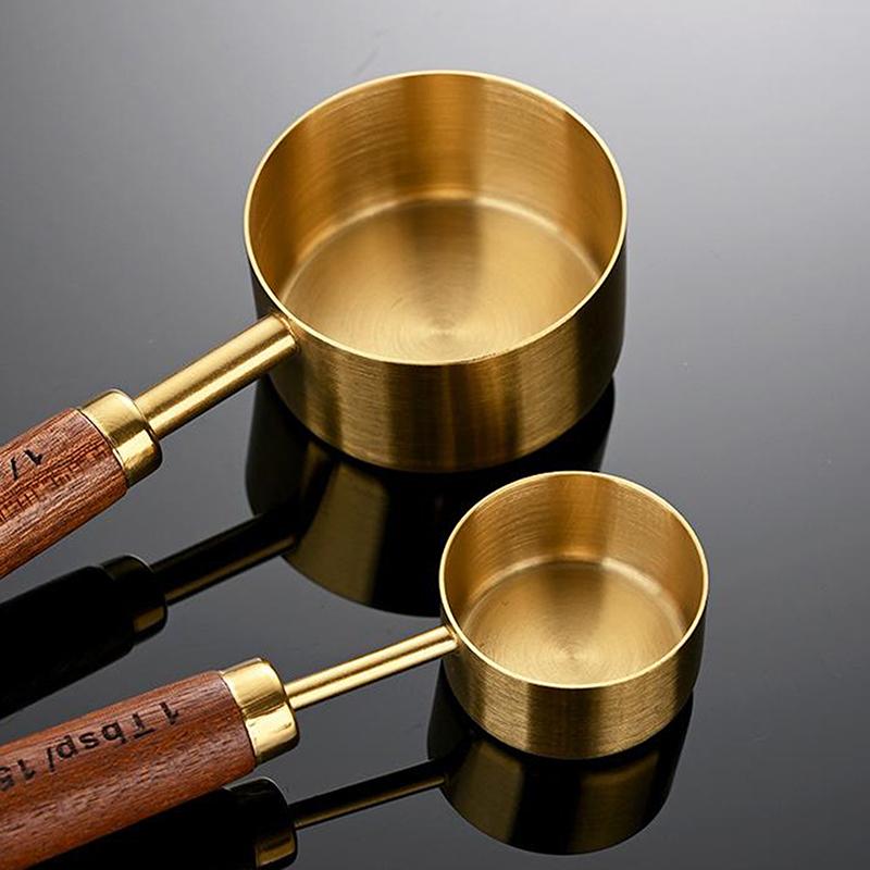 Złoty uchwyt z drewna, stal nierdzewna, miarki, łyżki, narzędzia do pieczenia, zestaw łyżek miarowych do kawy, akcesoria do wag barmańskich