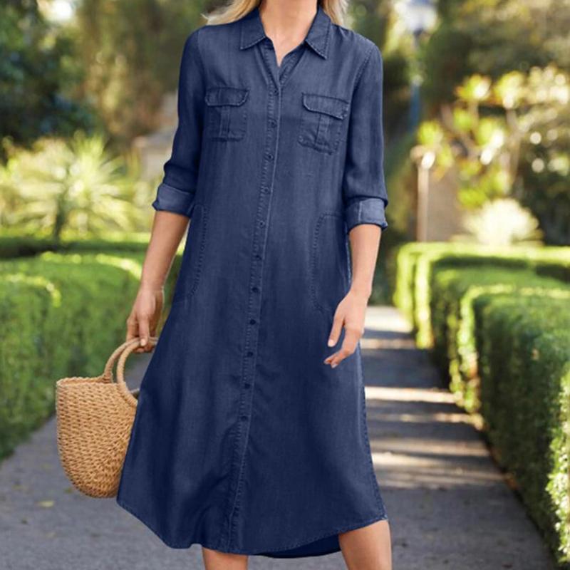 

GMXIA Cowboy Multi Pocket Dress Elegant Solid Colour Plus Size Casual Dress XXL темно-синий