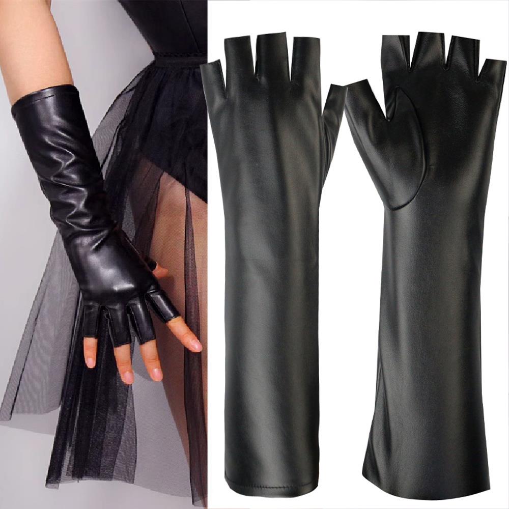 Women Winter Super Long Sheepskin Fingerless Gloves Fashion Punk Half Finger Gloves Ladies Halloween Dancing Party Accessories