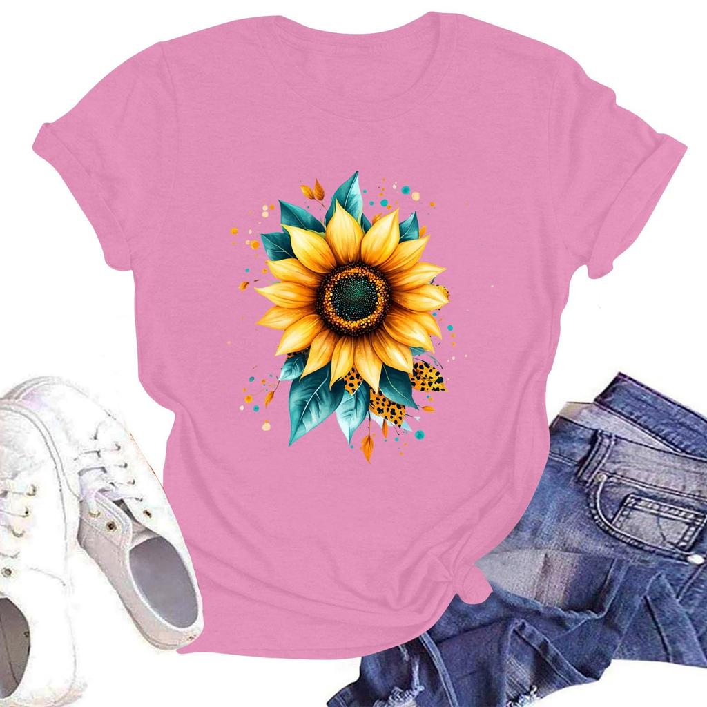 Ladies' Round Neck Casual Floral Print Short Sleeve T-shirt Top