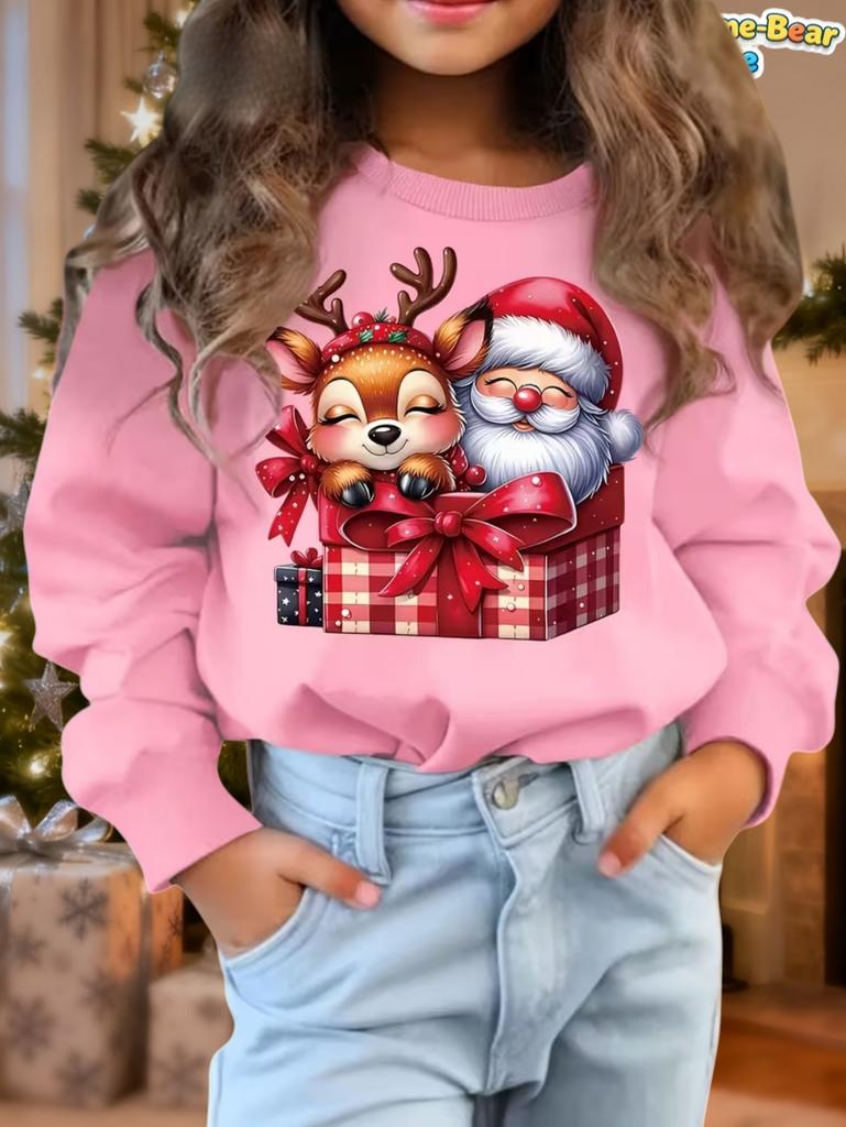 Girl Hoodies Christmas Theme 3D Print Round Neck Sweatshirt for Kids Holiday Casual Top Party Christmas Gift Children's Clothing