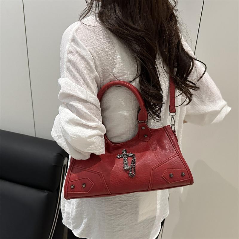 Textured Tote Bag Handbag Locomotive Personalized Cross Chain Shoulder Underarm Bag Large Capacity Messenger Bag